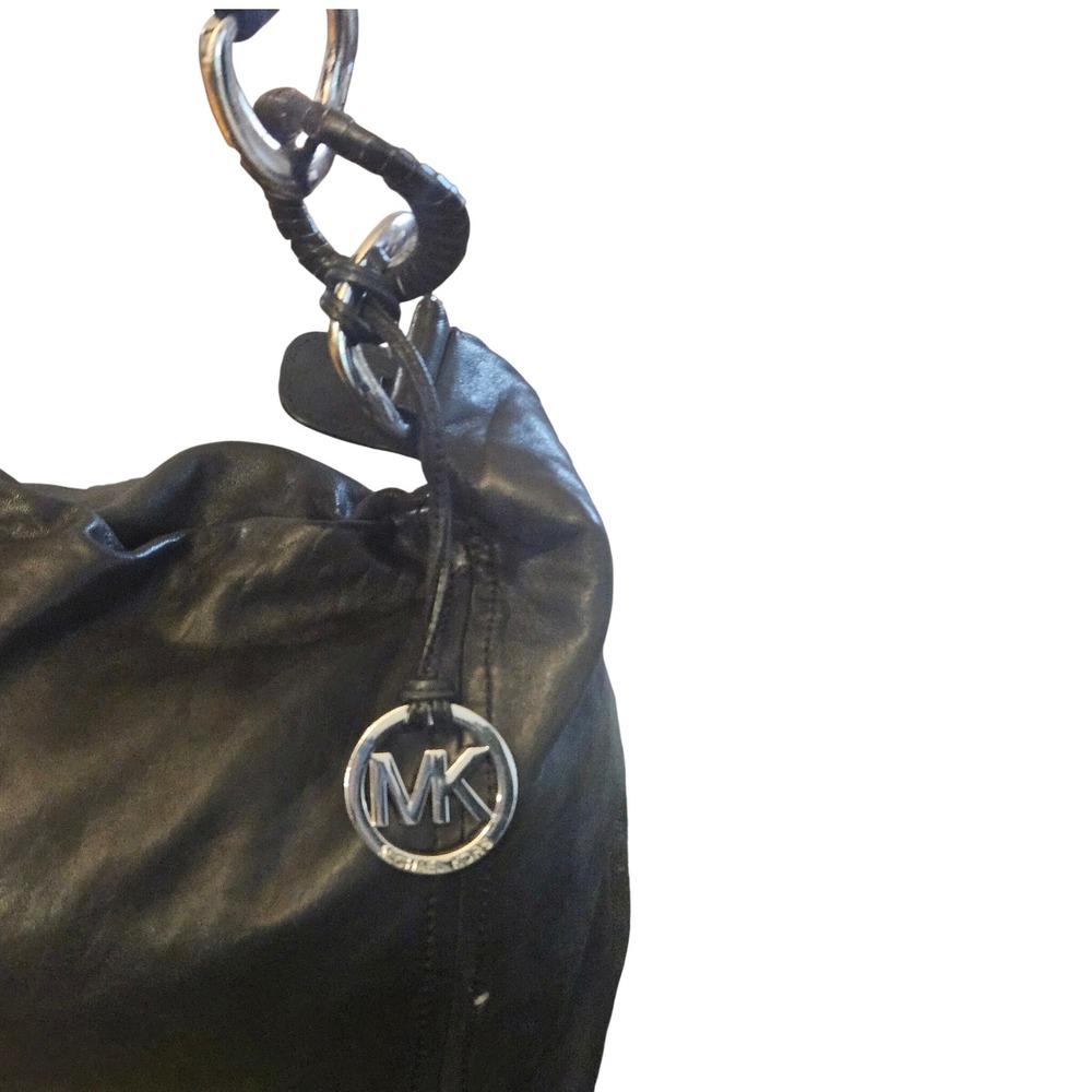 Michael Kors Black Leather Hobo Bag Silver Ring Hardware MK Charm Shoulder Bag - Picture 2 of 10